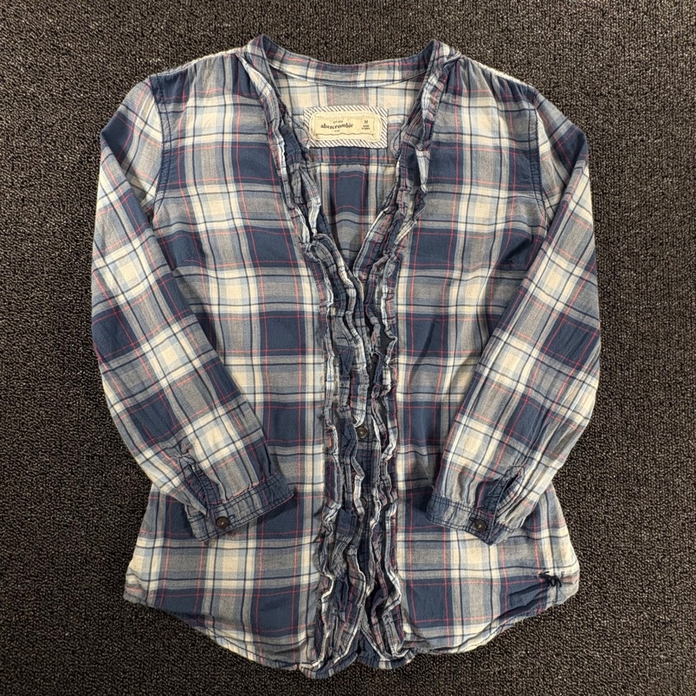 Abercrombie Kids Blue Plaid Ruffle Button Down Shirt Long Sleeve Girls Medium